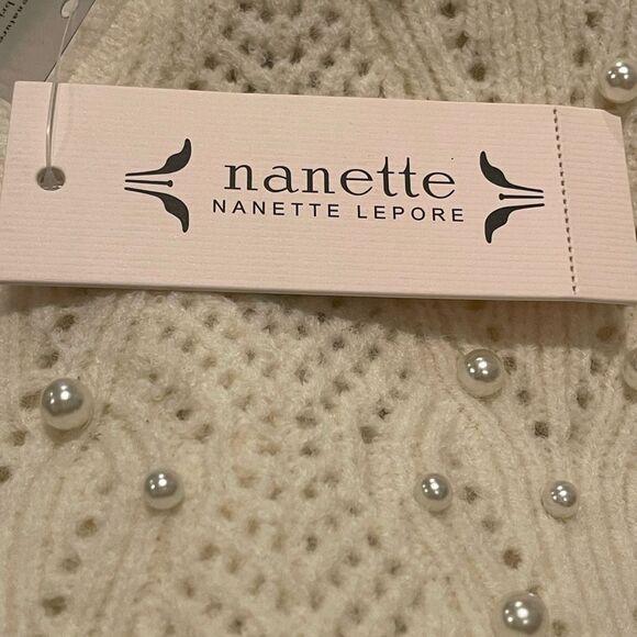 Nanette Lepore Cream V-Neck Sweater Pearl embellishment. - Picture 6 of 9